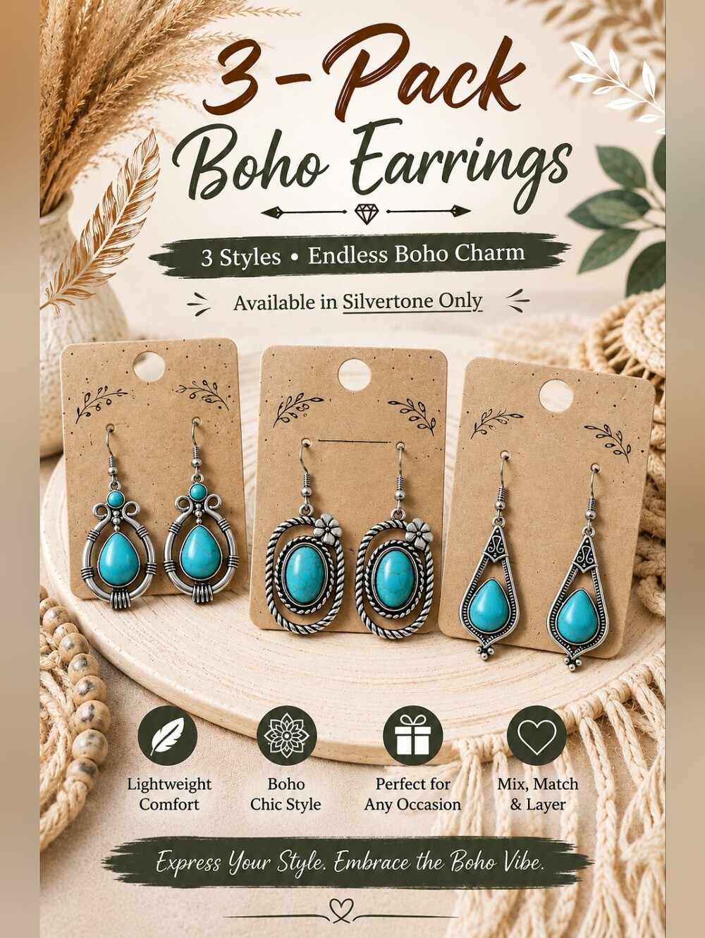 3-Pack Boho Turquoise Silvertone Earrings Set
